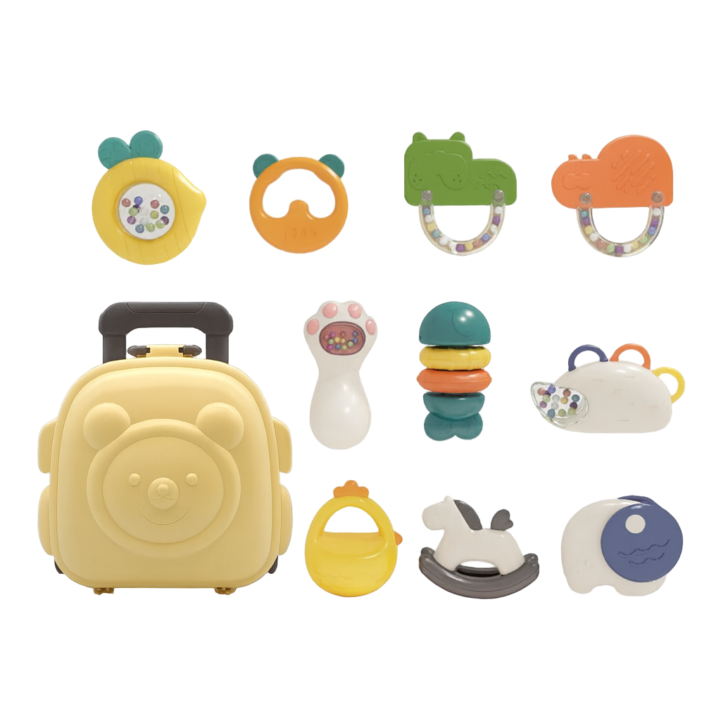 Collection of colorful baby toys including a yellow suitcase, rattle, and teether on a white background.