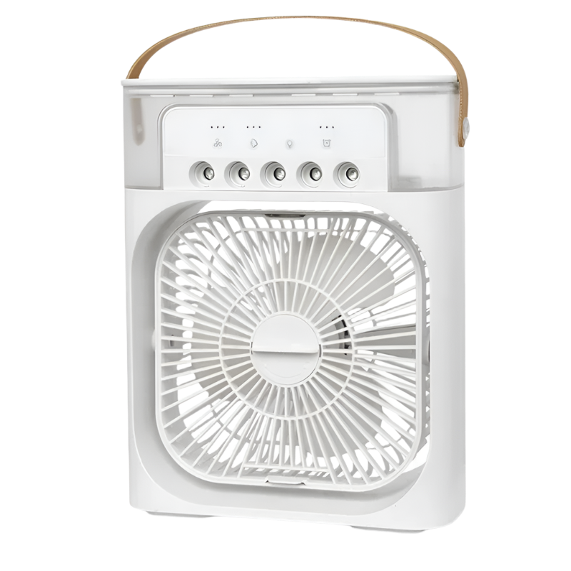 Portable fan with a clear front panel on a white background