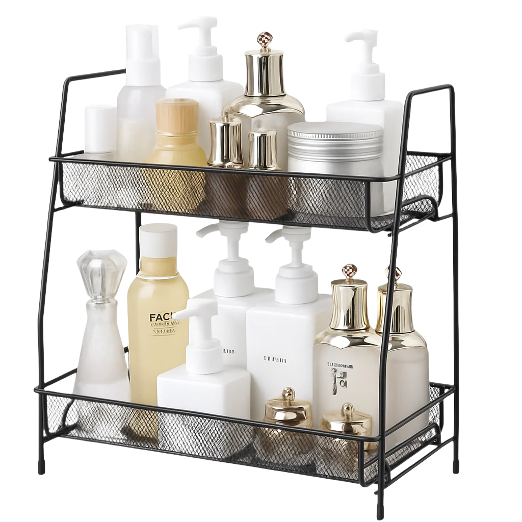 Black mesh storage shelf with skincare products on a white background