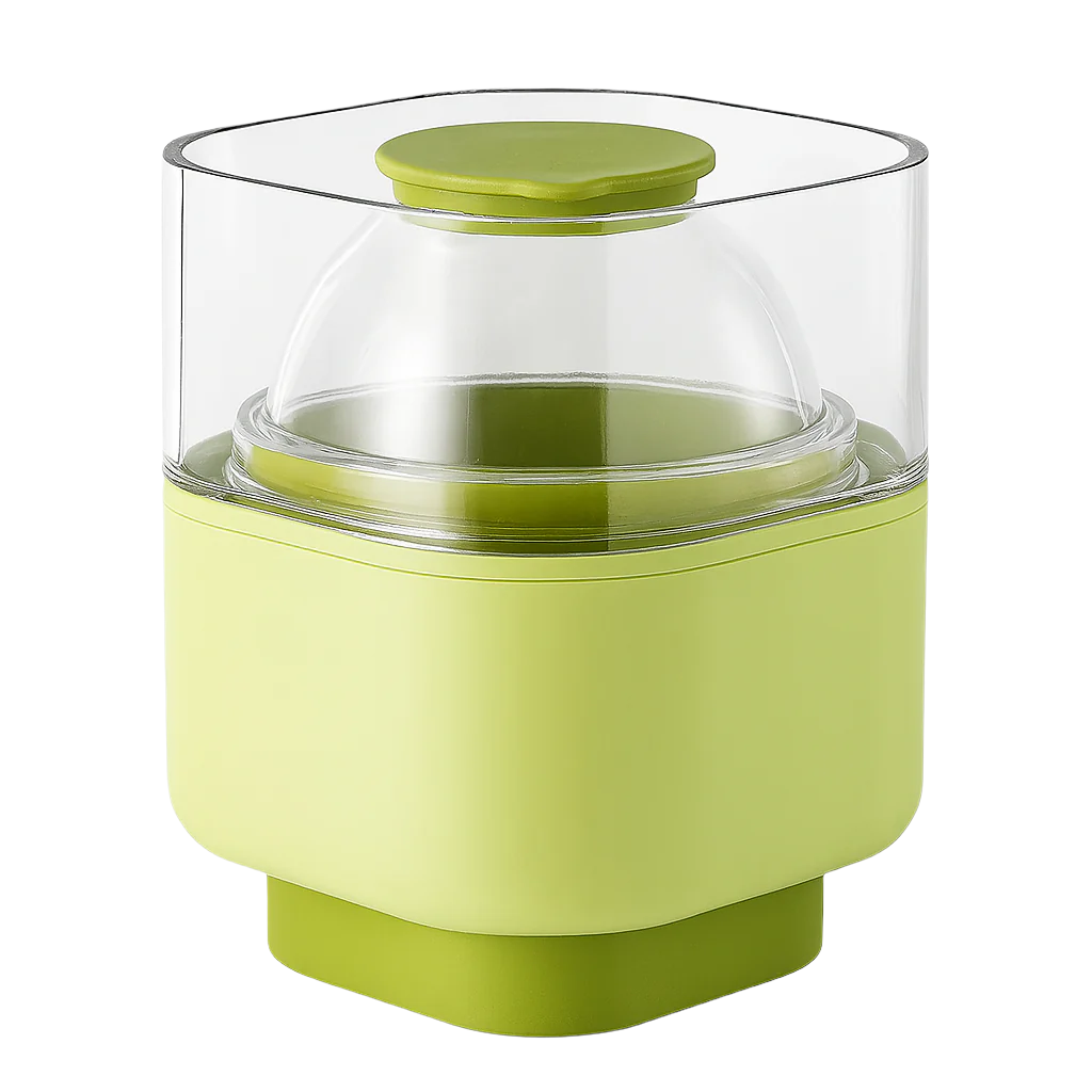 Green kitchen appliance with a clear lid on a white background
