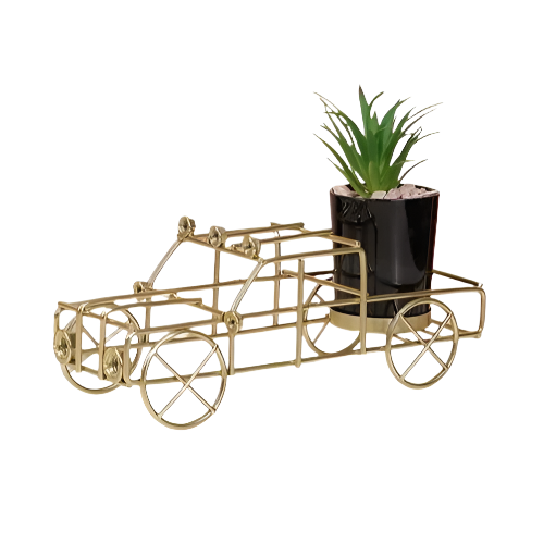 Metal gold car-shaped planter stand holding a small black pot with a succulent plant.