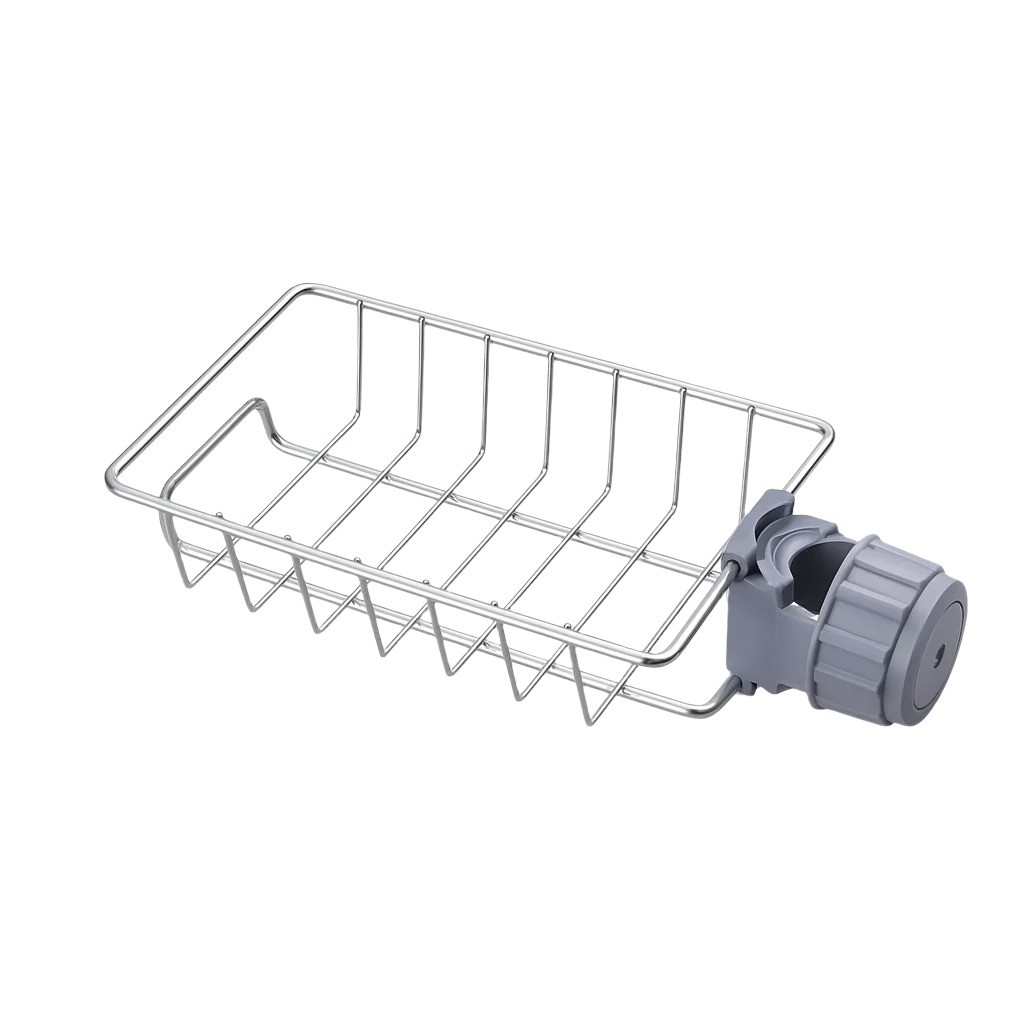 Metal wire basket with a gray plastic handle on a white background