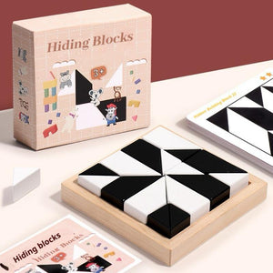 Hiding Blocks puzzle game with packaging and cards on a light surface
