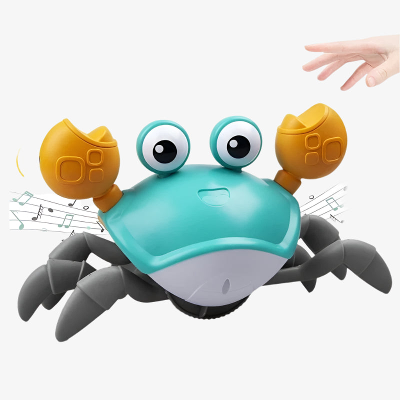 Toy crab with music notes and a hand interacting with it on a white background