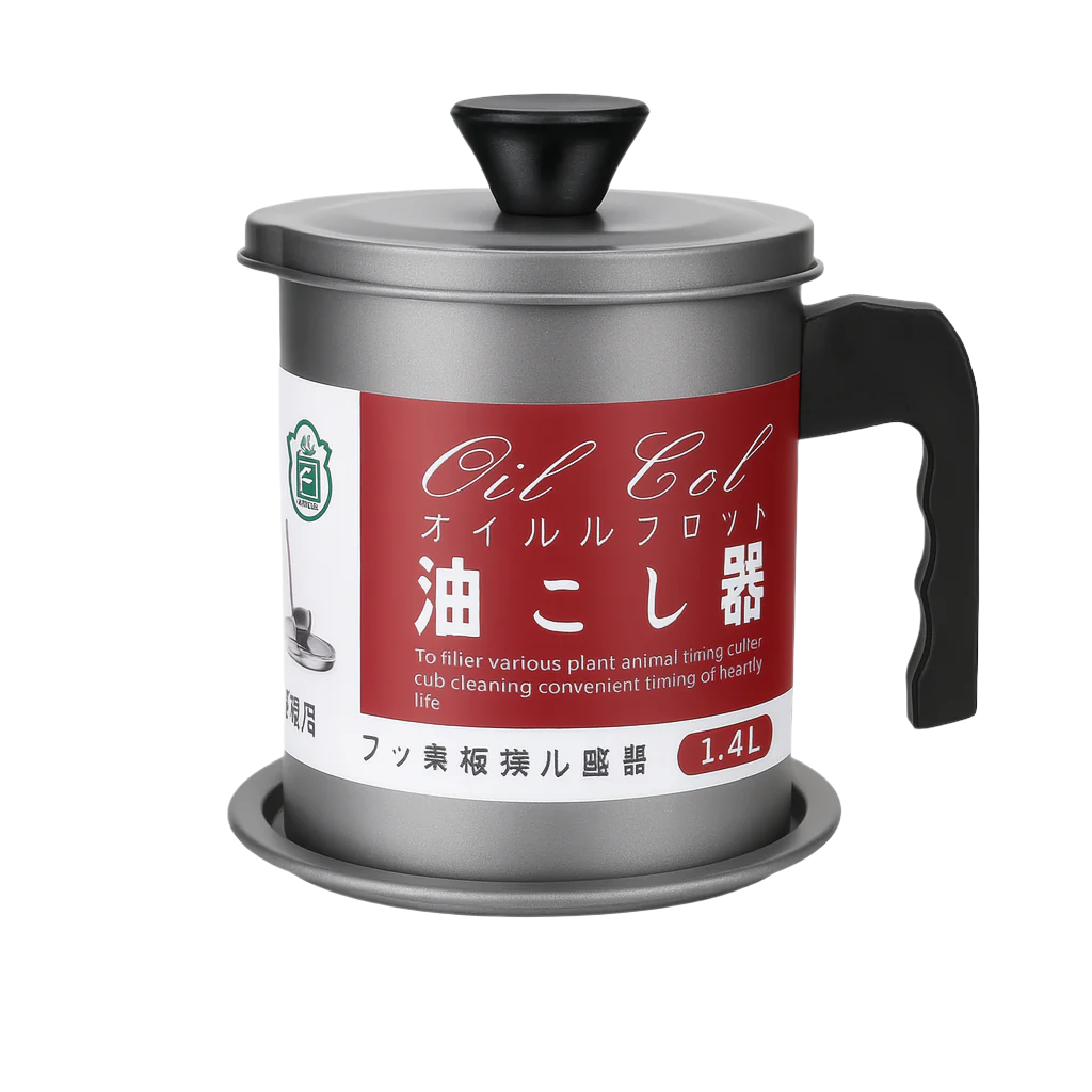 Container with a red label featuring text and branding on a white background
