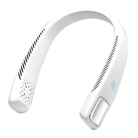 white, wearable neck fan with sleek, modern design elements