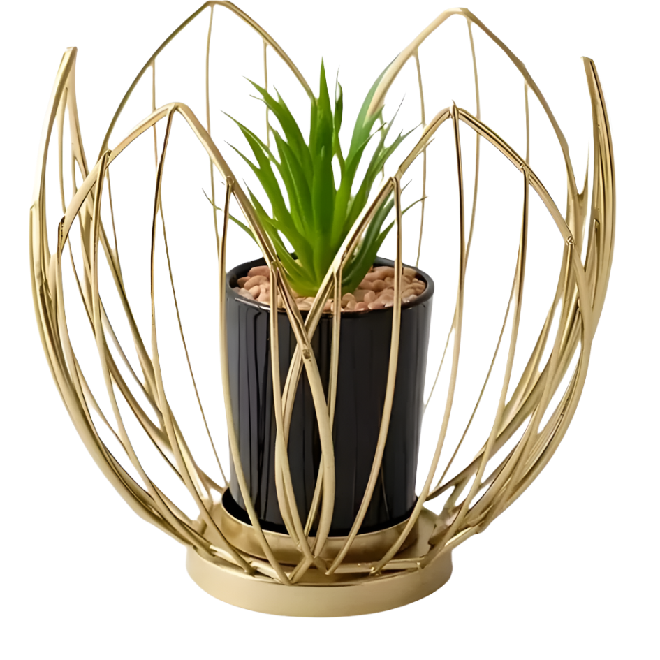 Gold lotus-shaped metal planter holding a small potted plant in a black pot, with dimensions labeled.