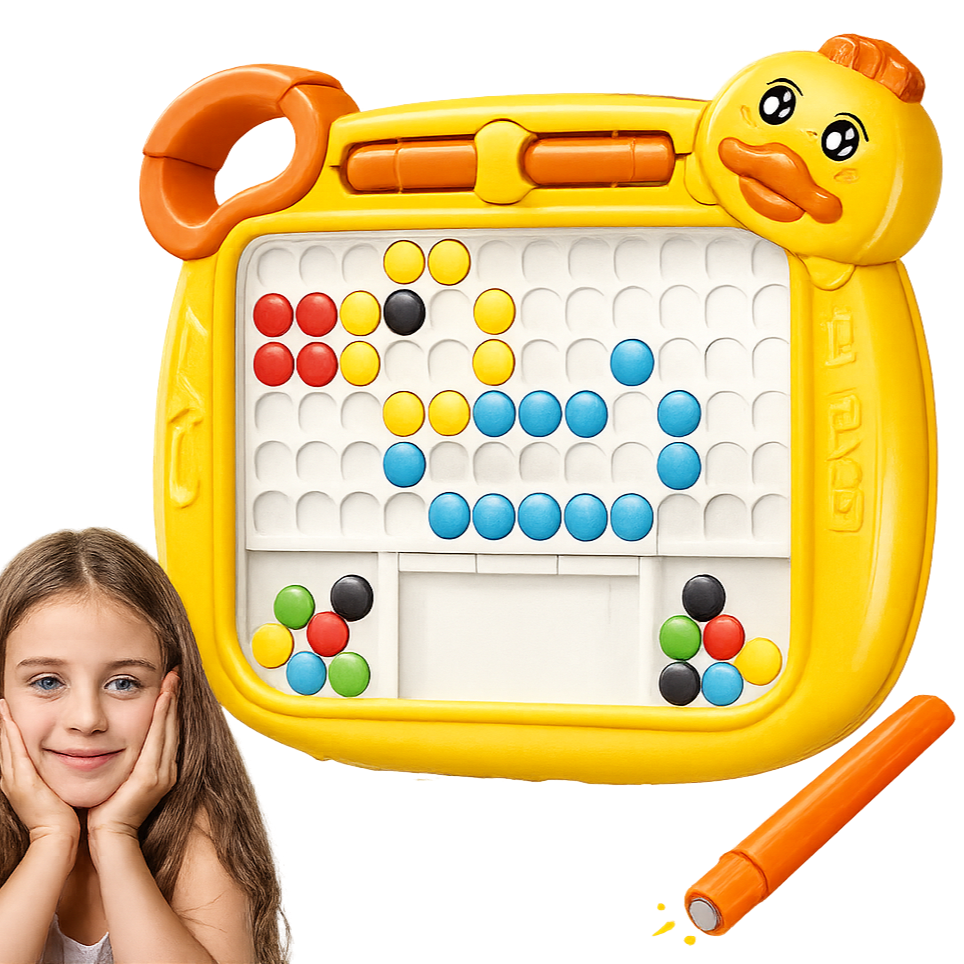 Yellow duck-shaped magnetic drawing board with colorful dots and a girl on a white background