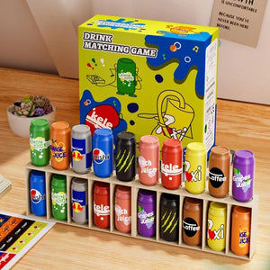Drinks matching game with colorful drink containers and packaging on a wooden surface.