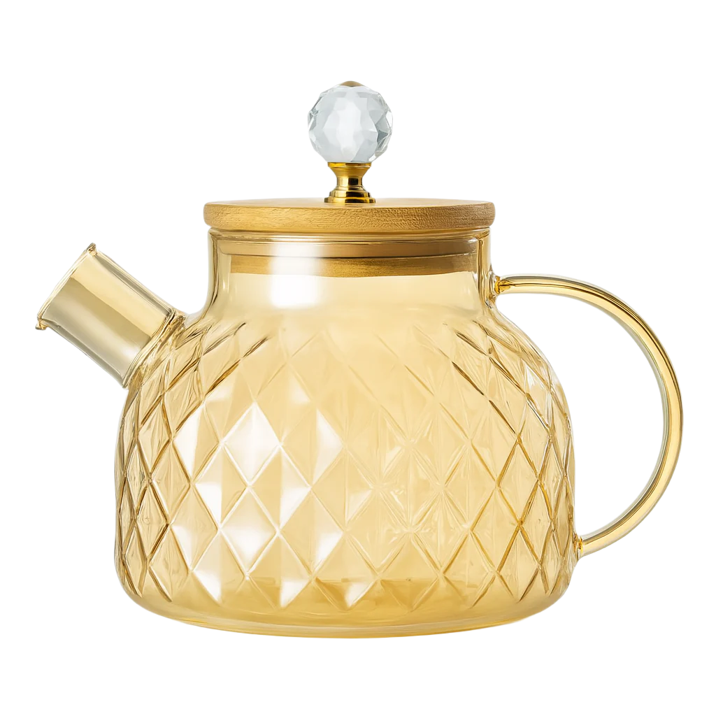 Glass teapot with gold accents on a white background
