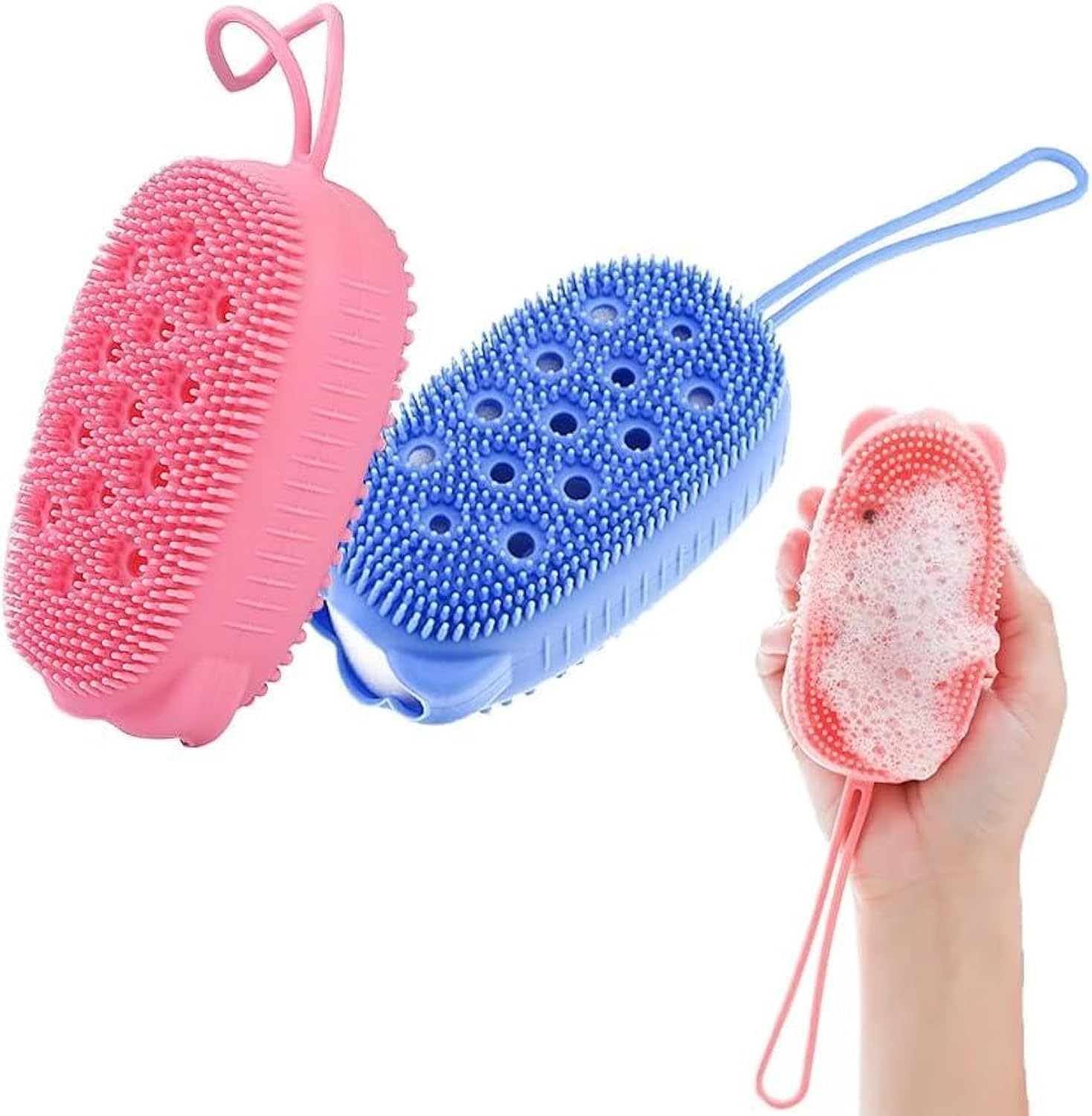 Exfoliating Body Scrubber set featuring two silicone bath towels and shower luffas, designed for gentle exfoliation and skin rejuvenation.
