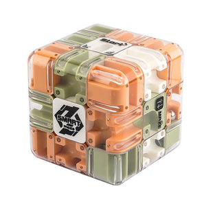 Cube-shaped puzzle with transparent sides and orange edges on a black background