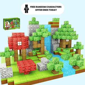 A colorful image showcasing a magnetic building block set designed to create a fantasy landscape with castles, trees, and a river.
