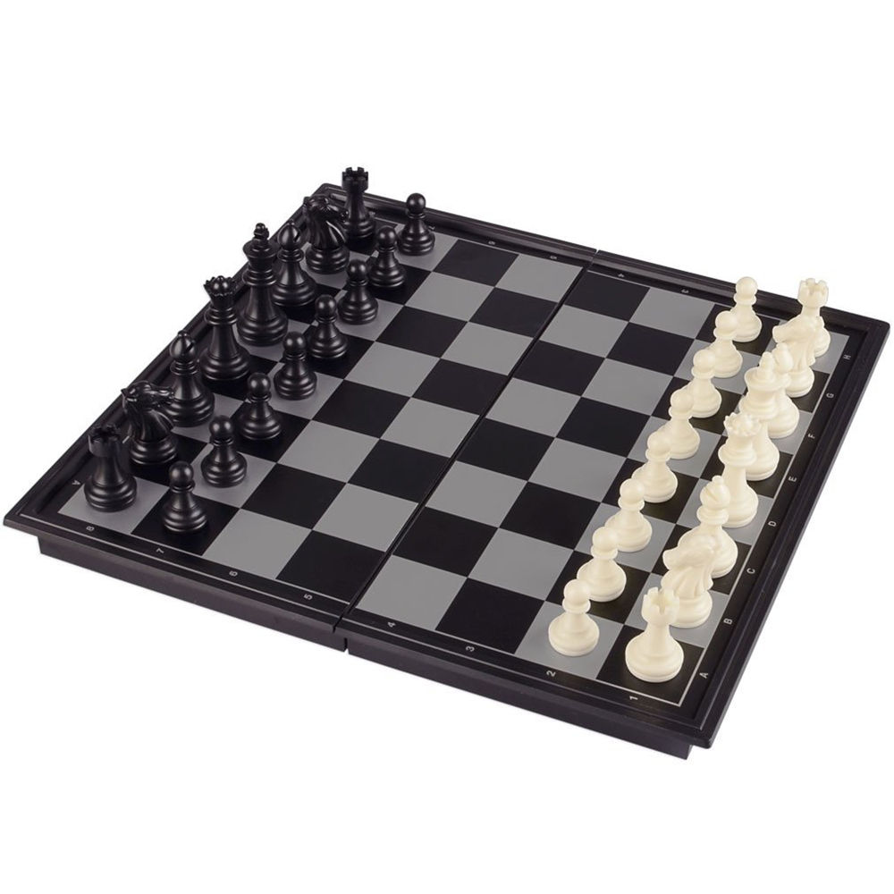 Compact 3 in 1 magnetic chess set with a folding board, showcasing chess, checkers, and backgammon pieces neatly stored in a clasped box.