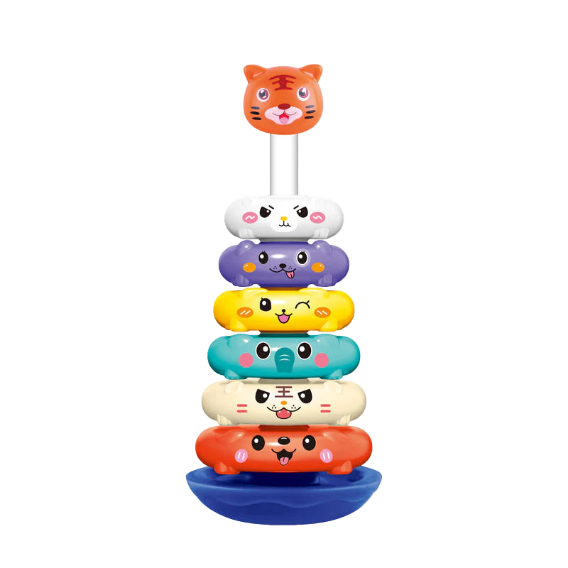 Stack of colorful animal-shaped rings on a white background