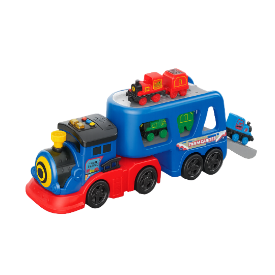 Toy train set with a blue and red engine and colorful cars on a white background