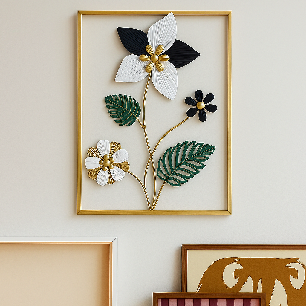 A rectangular gold frame showcasing black, white, and gold metal flowers with delicate green leaves.