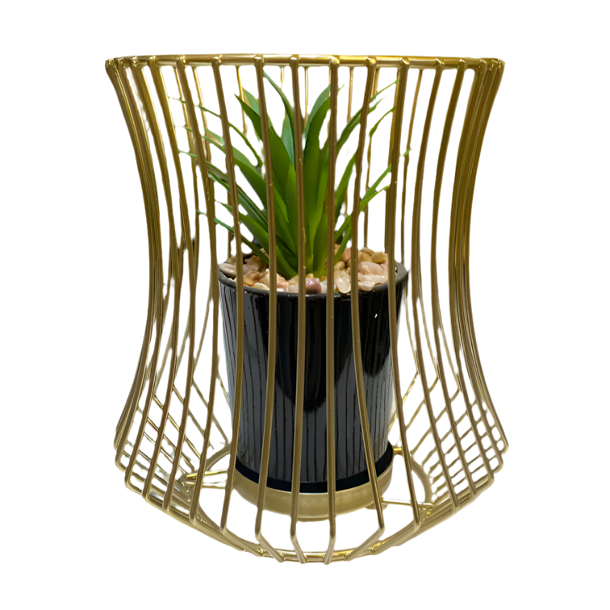 Chic gold hourglass-shaped planter with a wireframe design. Ideal for small plants or succulents, perfect for modern decor accents.