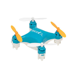 Small blue drone with orange propellers on a white background