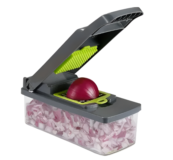 Onion chopper with chopped onion in a clear container on a white background