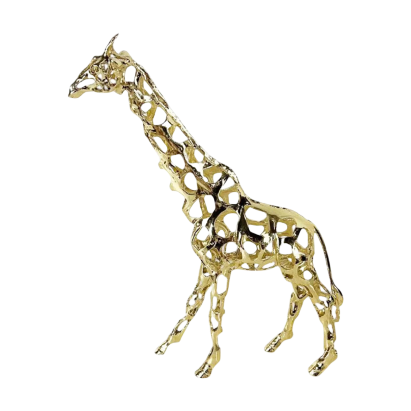 Gold-plated giraffe with Swarovski crystals glowing on a sunlit mantel.