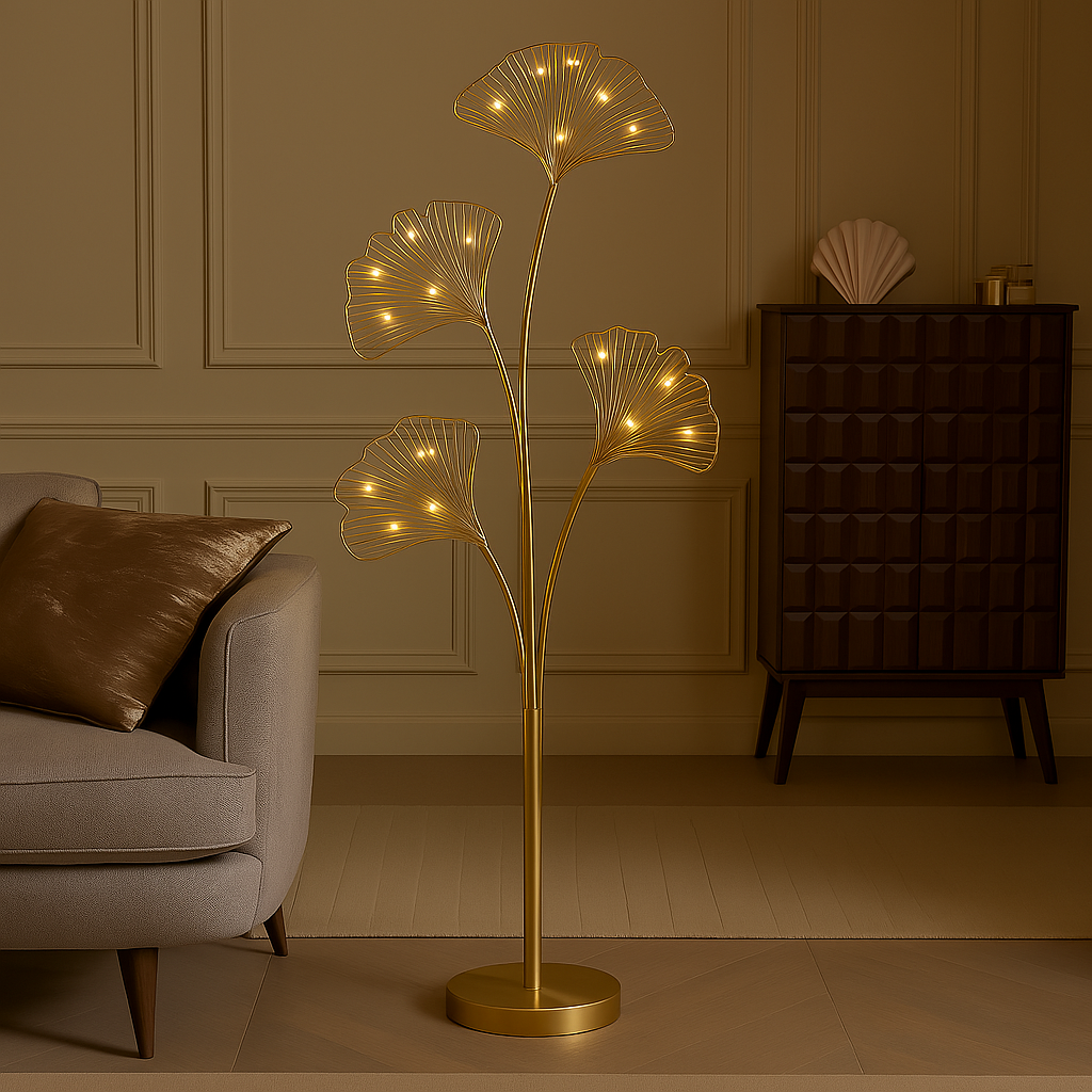 Illuminate your home with the Gingko Leaf Lamp, featuring leaf-inspired shades and a polished gold finish for a serene, elegant touch.