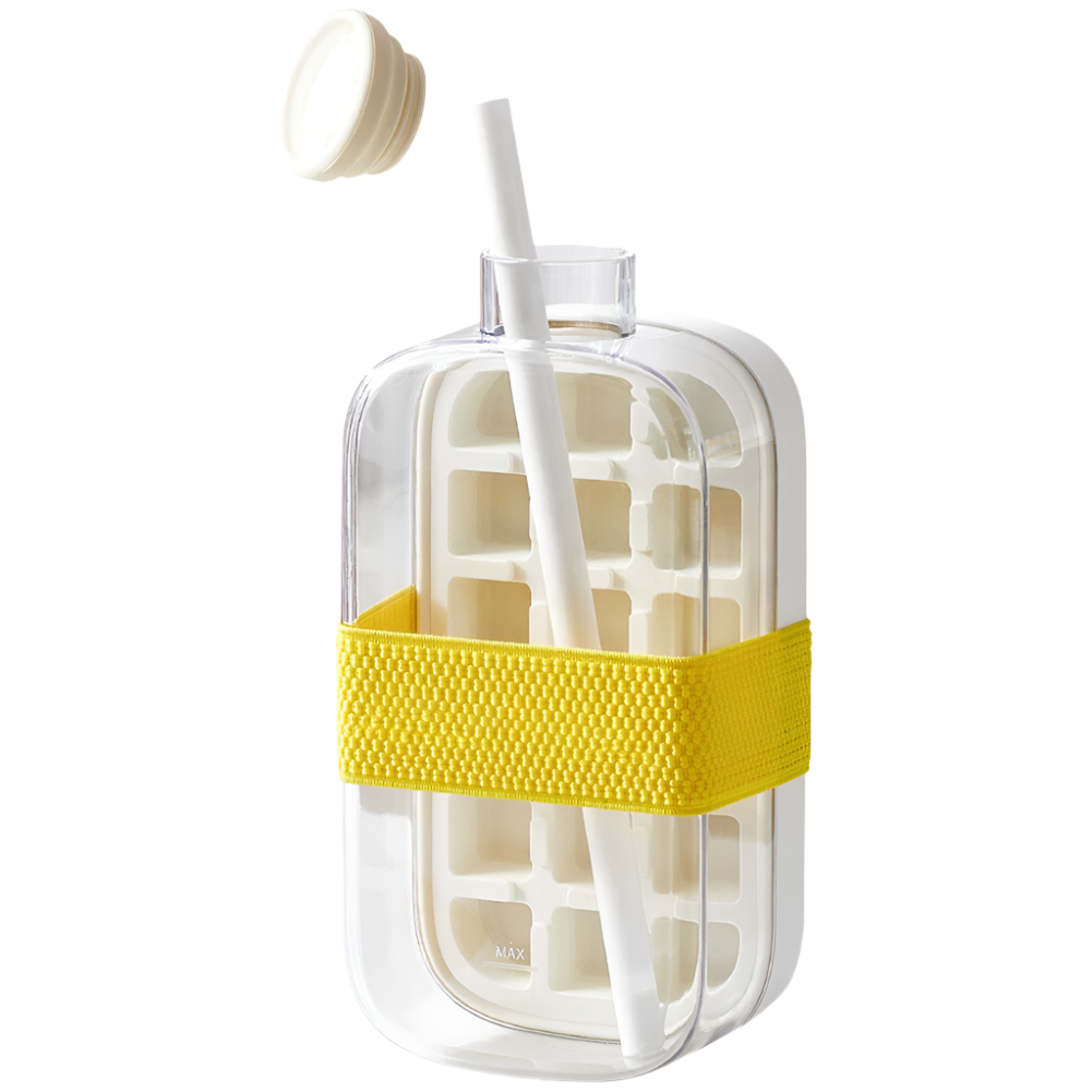 Clear water bottle with a yellow strap, white straw, and lid on a white background