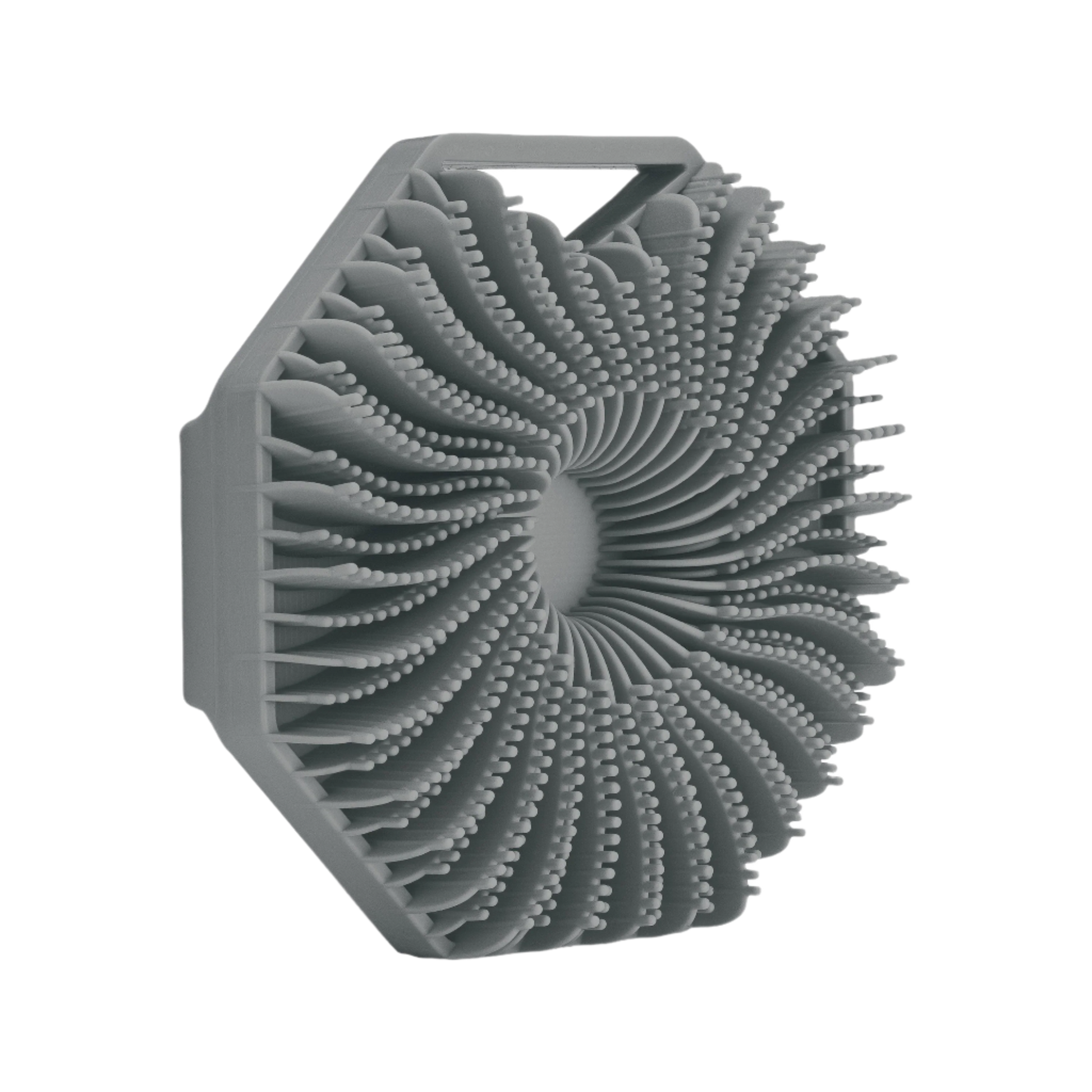 Gray scrubber with a unique design on a white background