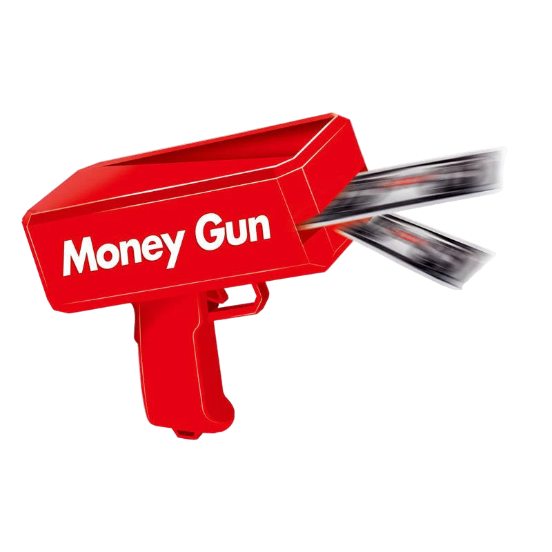 Red toy money gun with money coming out on a white background