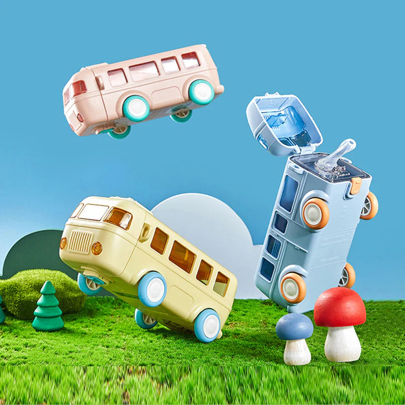 Eco-friendly Bus Shape Water Bottle with a thick shoulder strap, perfect for on-the-go hydration.