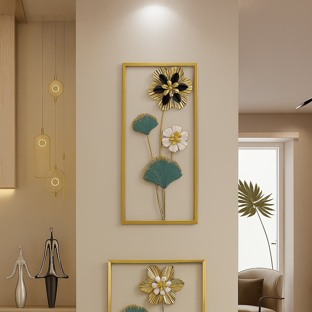 Rectangular gold frame featuring elegant metal flowers in black, white, and gold tones, accented by graceful green-gold leaves.








