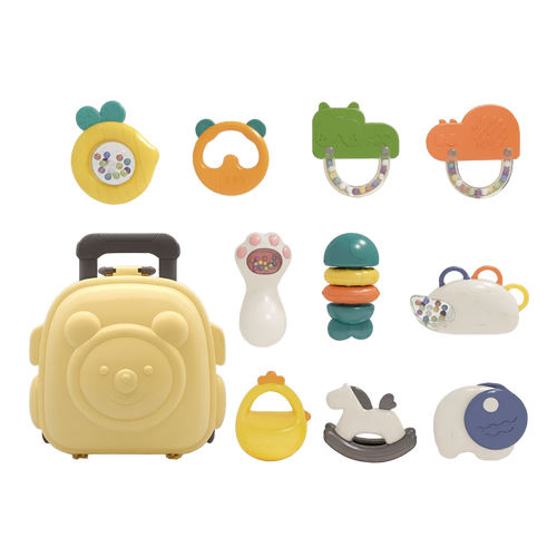 Collection of colorful baby toys including a yellow suitcase, rattle, and teether on a white background.