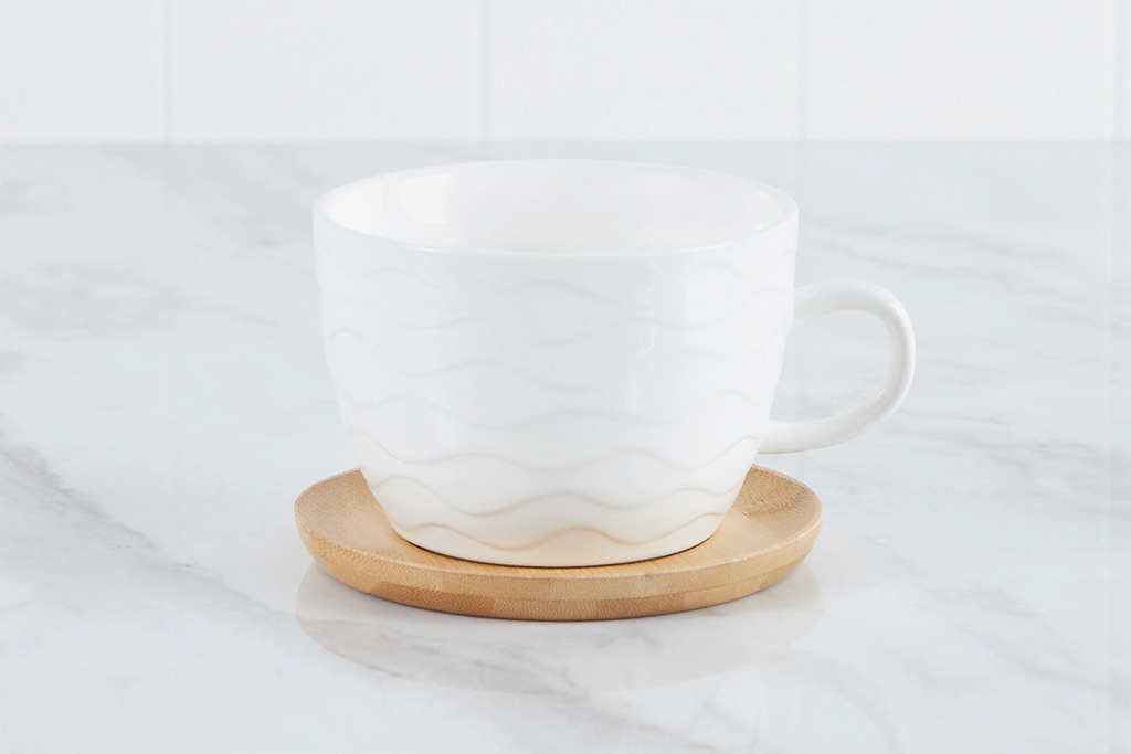 White Malvern Porcelain Mugs with Wood Coaster – Set of 6