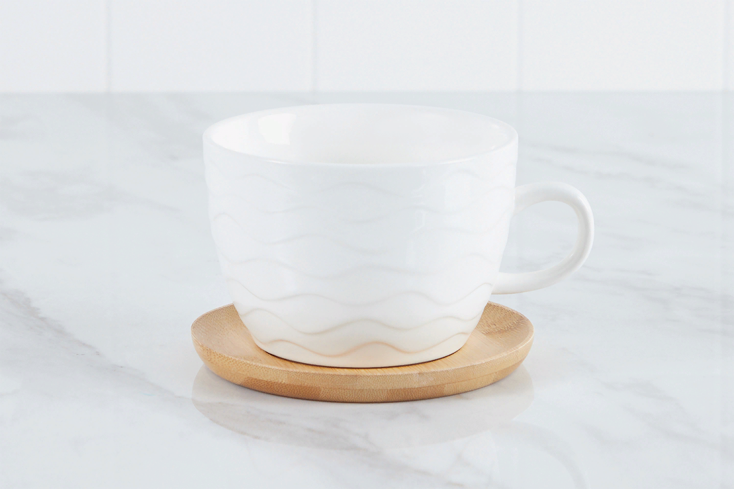 White Malvern Porcelain Mugs with Wood Coaster – Set of 6