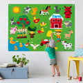 Child interacting with a colorful farm-themed board game on a wall.