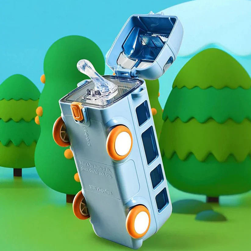 Adorable bus-shaped water bottle with a food-grade silicone straw, made from BPA-free materials.