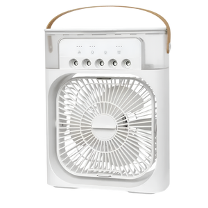 Portable fan with a clear front panel on a white background