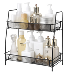 Black mesh storage shelf with skincare products on a white background
