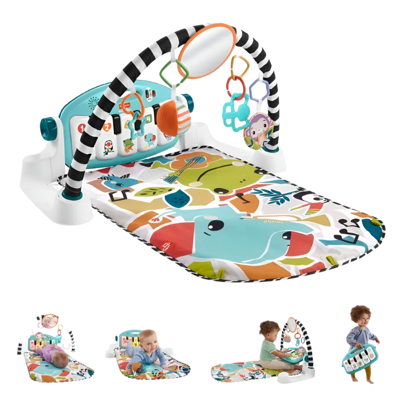 Baby play mat with colorful design and toys on a white background