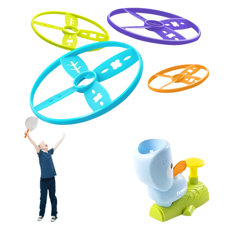 Colorful toy with spinning discs and a child playing with it on a white background