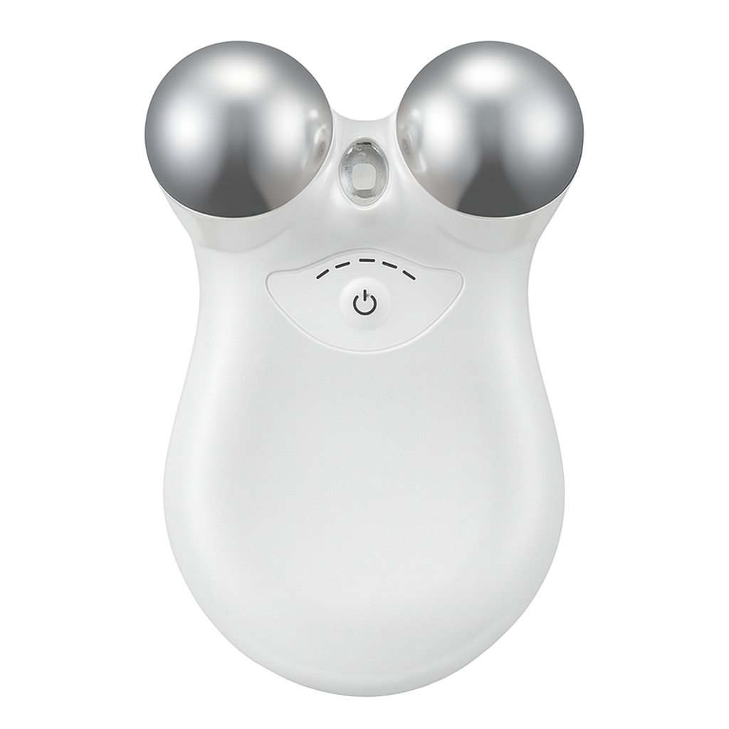 White electronic device with two silver spherical components on a white background