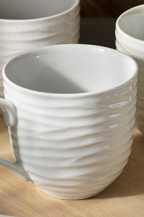 White Malvern Porcelain Mugs with Wood Coaster – Set of 6