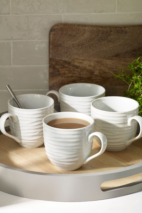White Malvern Porcelain Mugs with Wood Coaster – Set of 6
