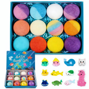 Colorful bath bombs in a box with additional bath bomb figures on a white background