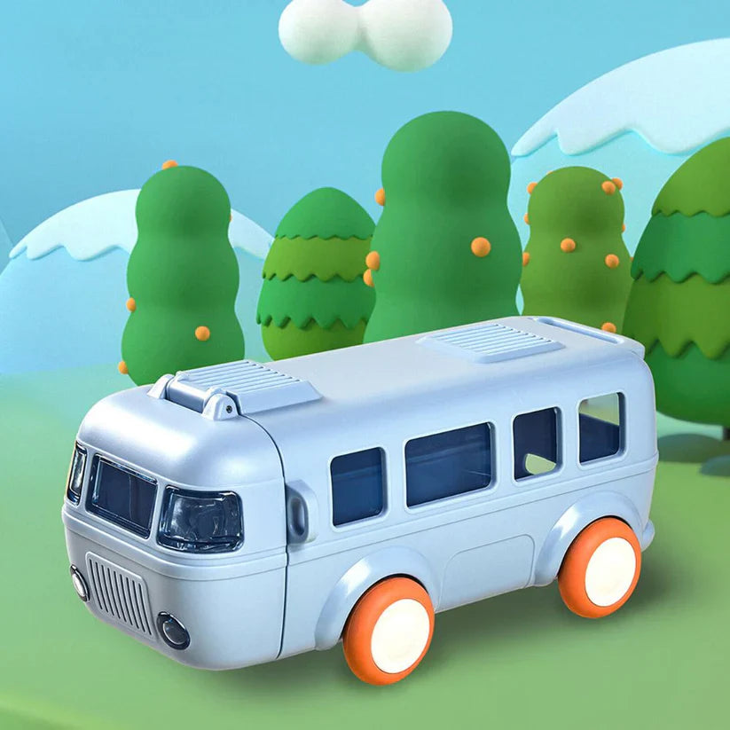 Leak-proof and freezable kids' water bottle designed as a colorful bus, with a 380ml capacity.