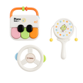Set of baby toys including a toy piano, rattle, and teething ring on a white background