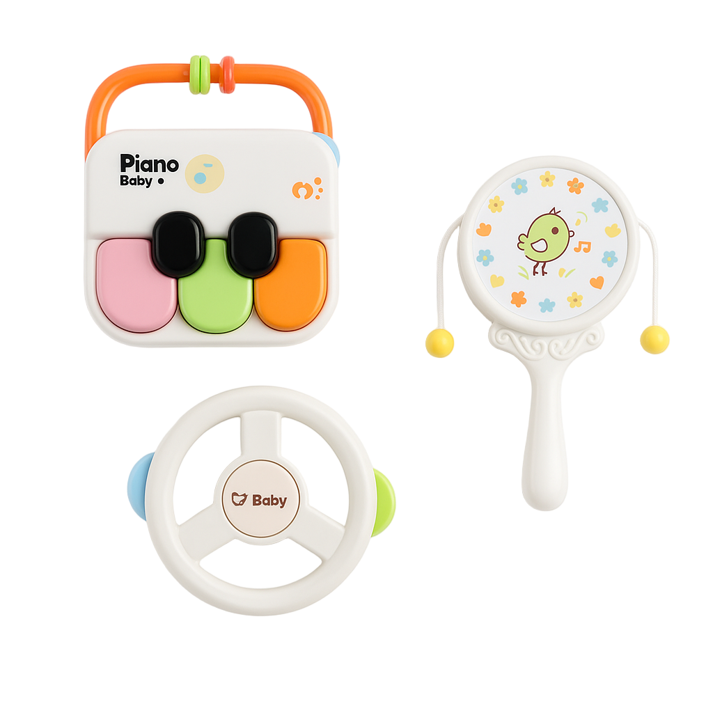 Set of baby toys including a toy piano, rattle, and teething ring on a white background
