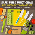 Top-down view of MiniChef Montessori Kitchen Tools set, featuring child-safe wooden knives, colorful cutters, peelers, and cutting boards arranged neatly.


