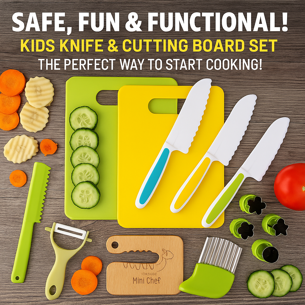 Top-down view of MiniChef Montessori Kitchen Tools set, featuring child-safe wooden knives, colorful cutters, peelers, and cutting boards arranged neatly.


