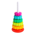 Colorful stacking toy with a white handle on a white background
